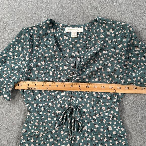 Monteau Floral V-Neck Blouse Women's Medium Blue Short Sleeve Bow Ruched - Picture 6 of 8